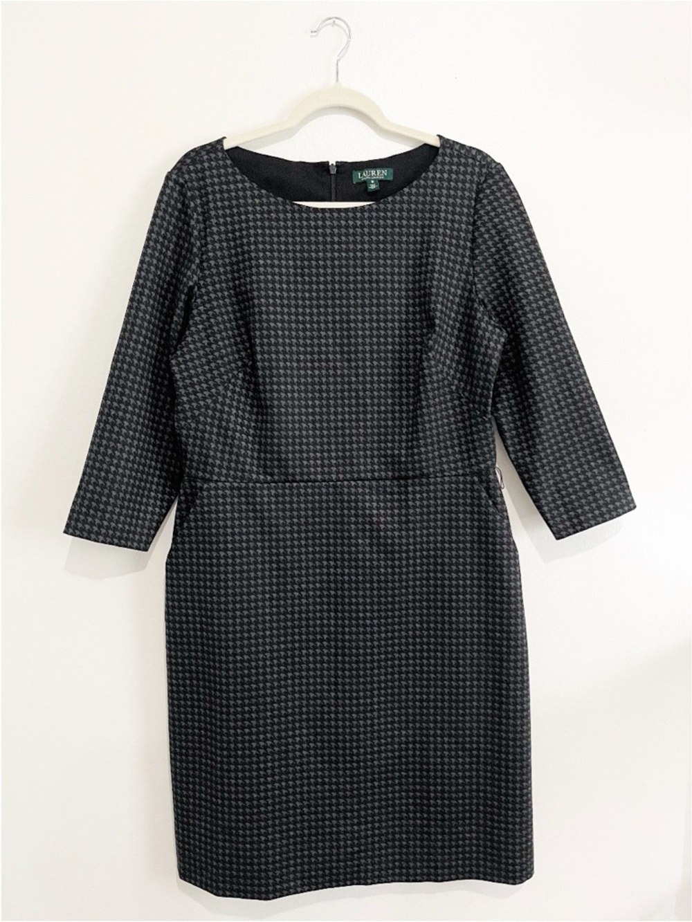 Lauren Ralph Lauren Houndstooth 3/4 Sleeve Sheath Dress Gray Black Women's Sz 16 - Picture 3 of 6